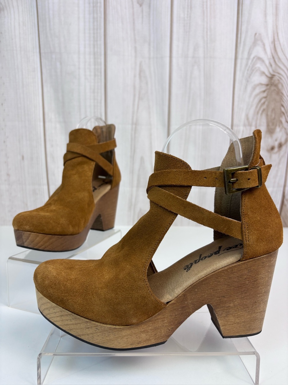 Free People Clog Heels Suede Chunky Wood Platform Block Heel Shoe Brown Sz 39/9 - Picture 1 of 16